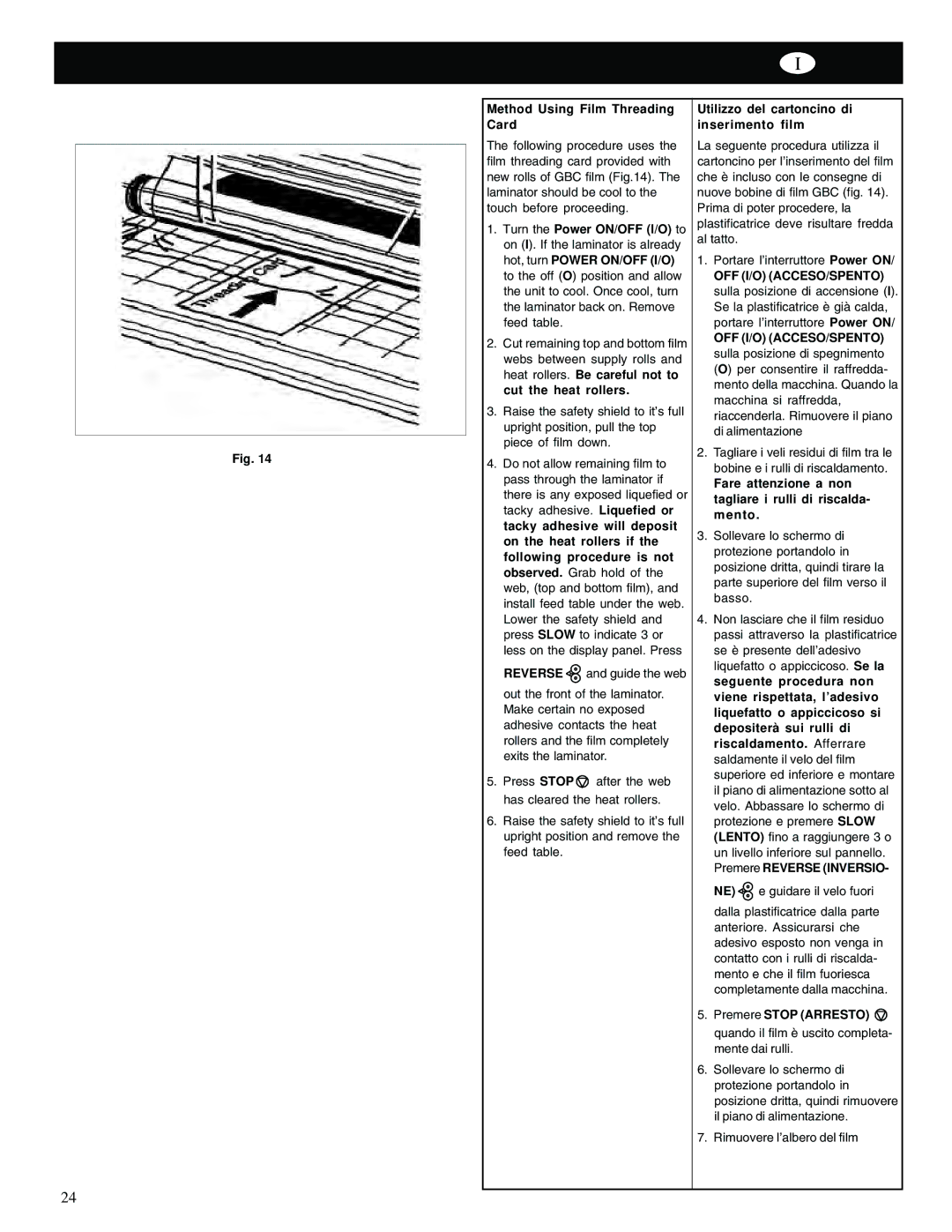 GBC 65-1 manual Method Using Film Threading Card, Utilizzo del cartoncino di inserimento film 