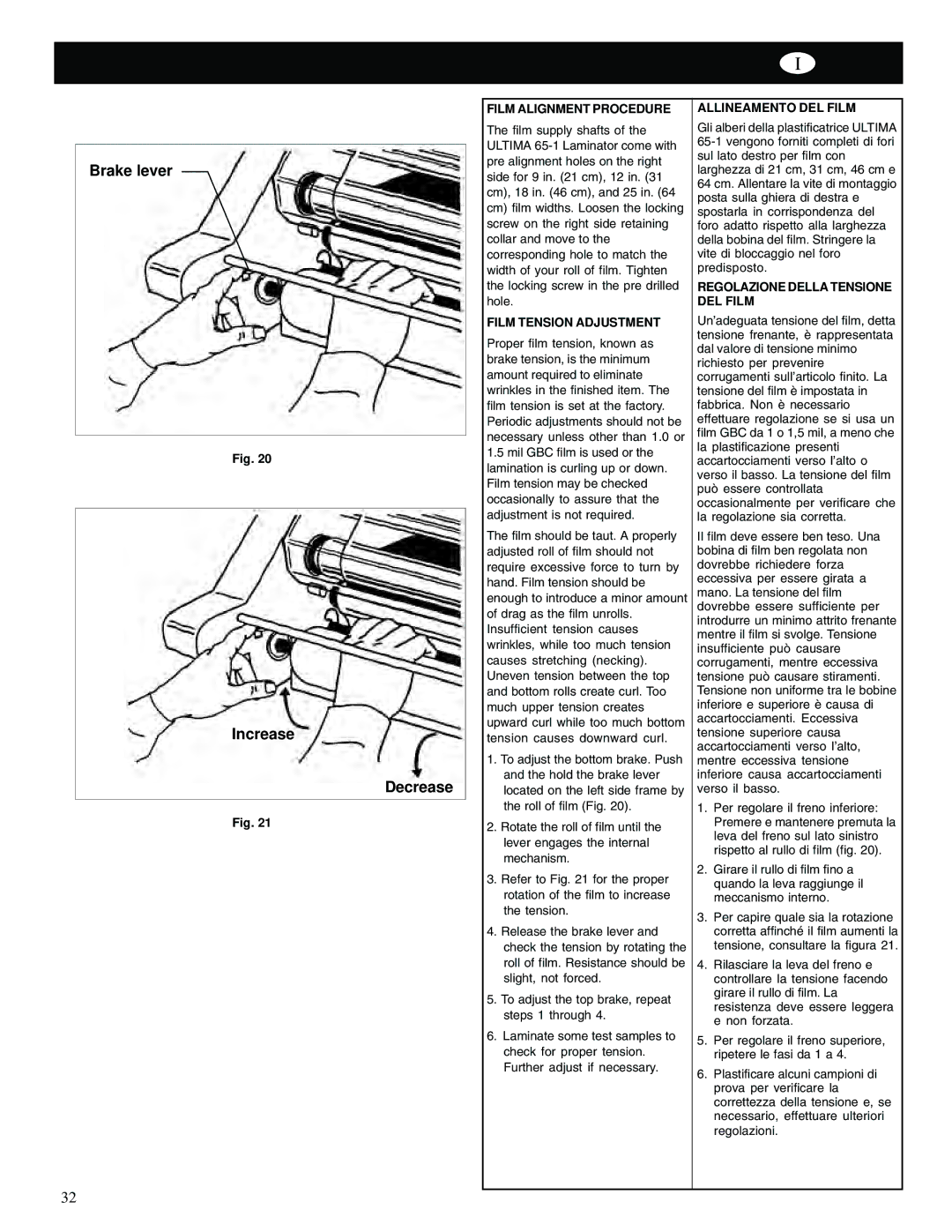 GBC 65-1 Film Alignment Procedure, Film Tension Adjustment, Allineamento DEL Film, Regolazione Della Tensione DEL Film 