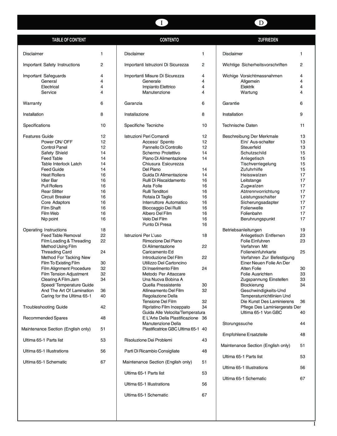 GBC 65-1 manual Table of Content Contento 