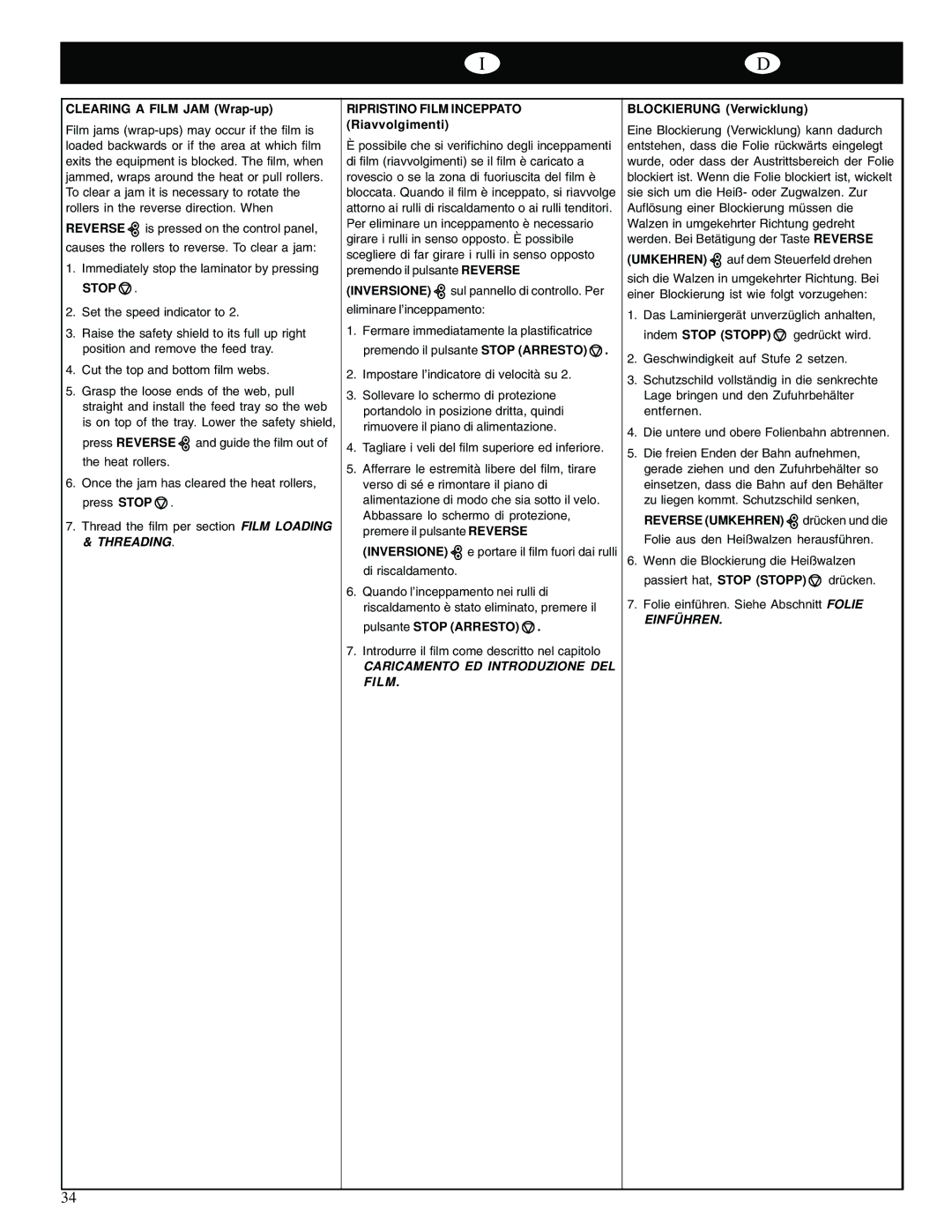 GBC 65-1 manual Thread the film per section Film Loading & Threading, Caricamento ED Introduzione DEL Film, Einfü Hren 