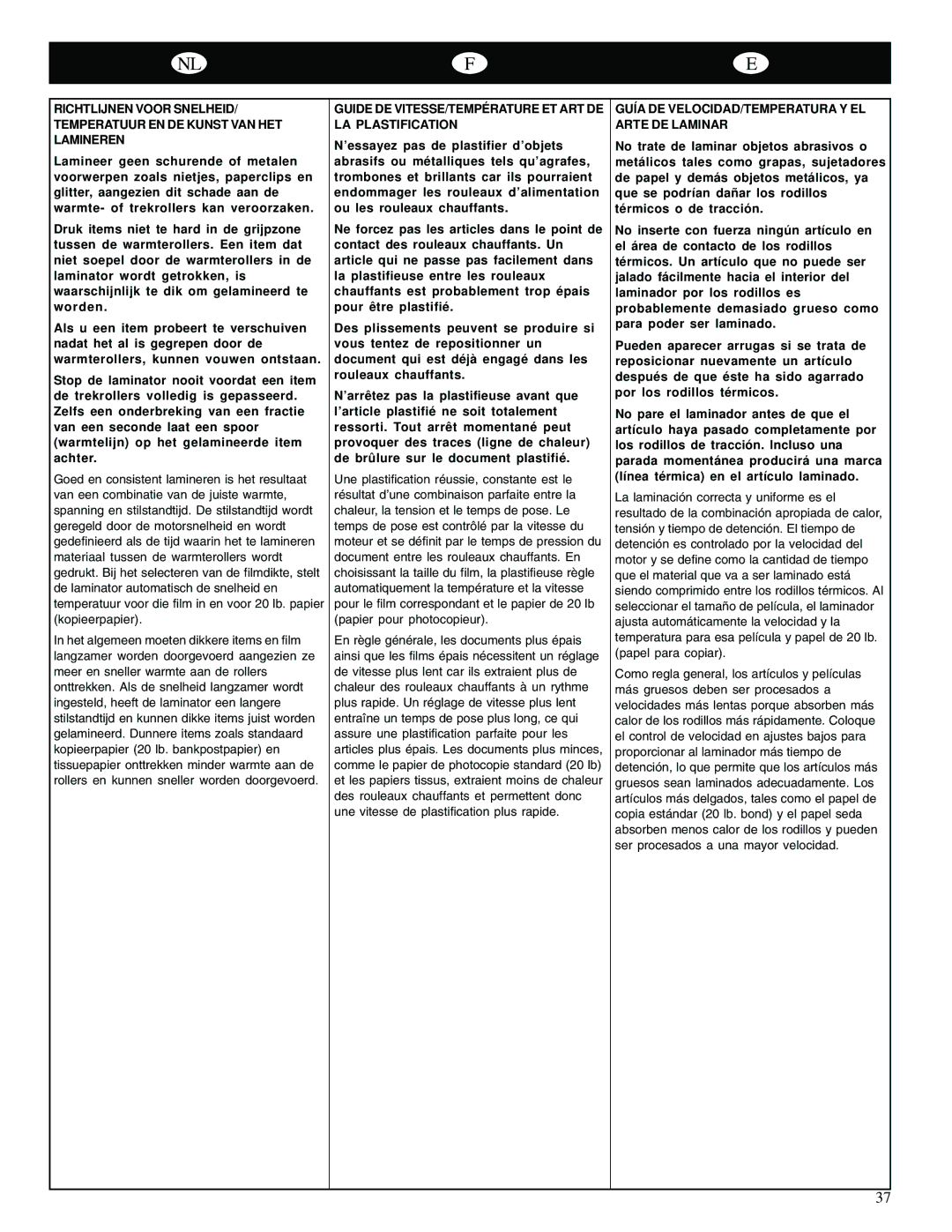 GBC 65-1 Guide DE VITESSE/TEMPÉ Rature ET ART DE LA Plastification, Guía DE VELOCIDAD/TEMPERATURA Y EL Arte DE Laminar 