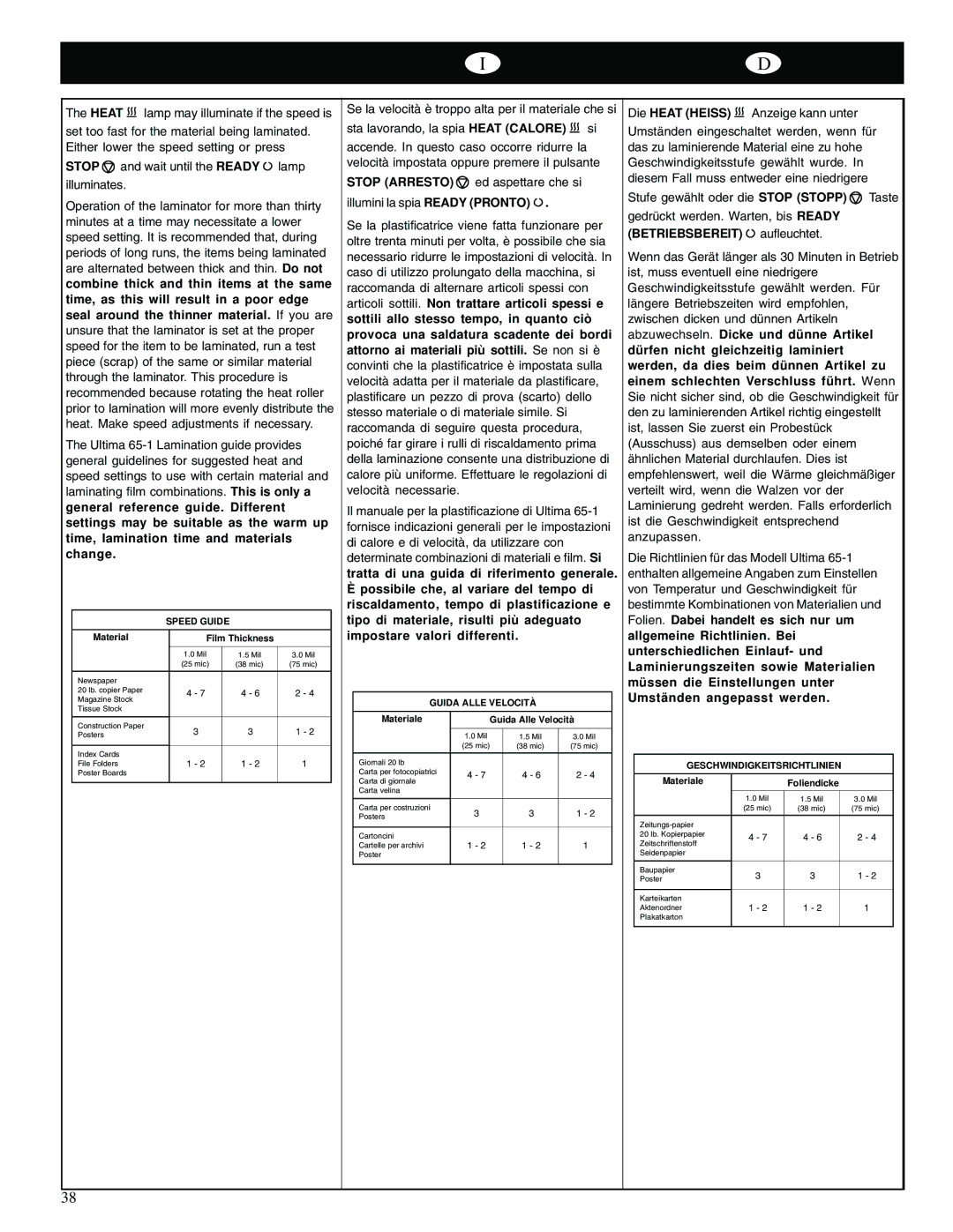 GBC 65-1 manual Betriebsbereit aufleuchtet, Material Film Thickness, Materiale Guida Alle Velocità, Materiale Foliendicke 