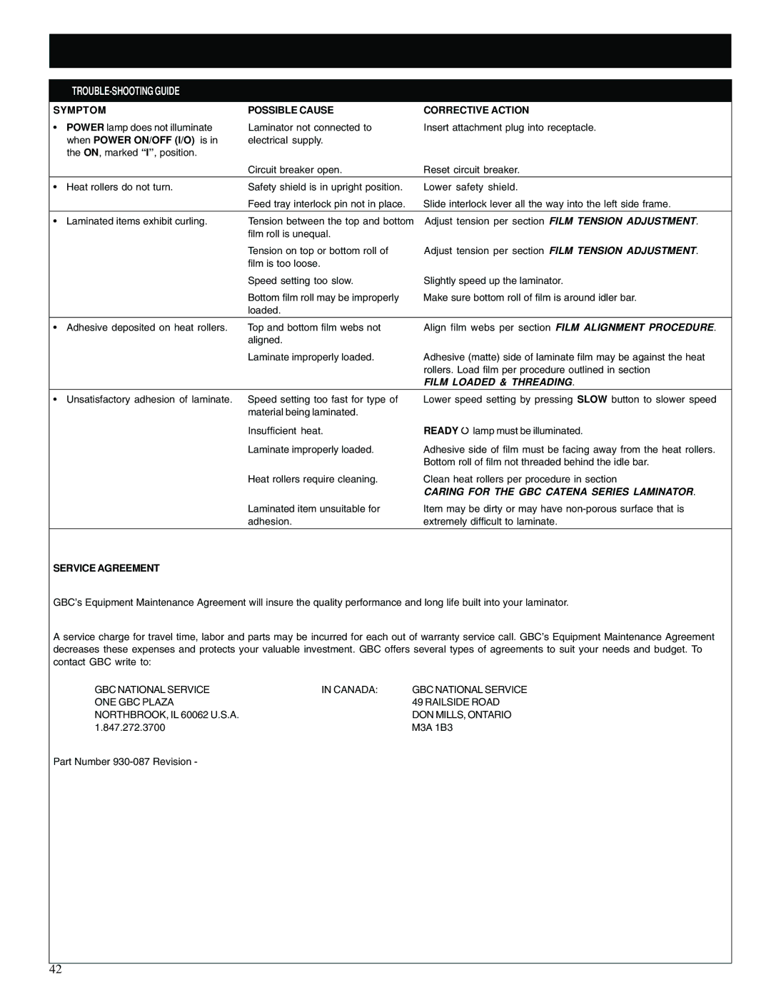 GBC 65-1 TROUBLE-SHOOTING Guide, Symptom Possible Cause Corrective Action, Film Loaded & Threading, Service Agreement 