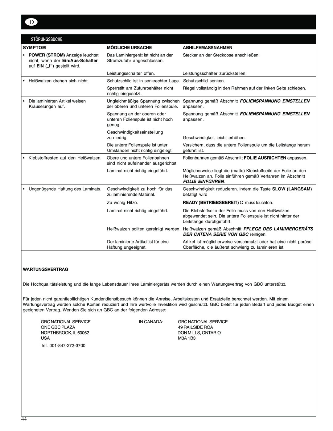 GBC 65-1 STÖ Rungssuche, Symptom MÖ Gliche Ursache Abhilfemassnahmen, Folie Einfü Hren, DER Catena Serie VON GBC reinigen 