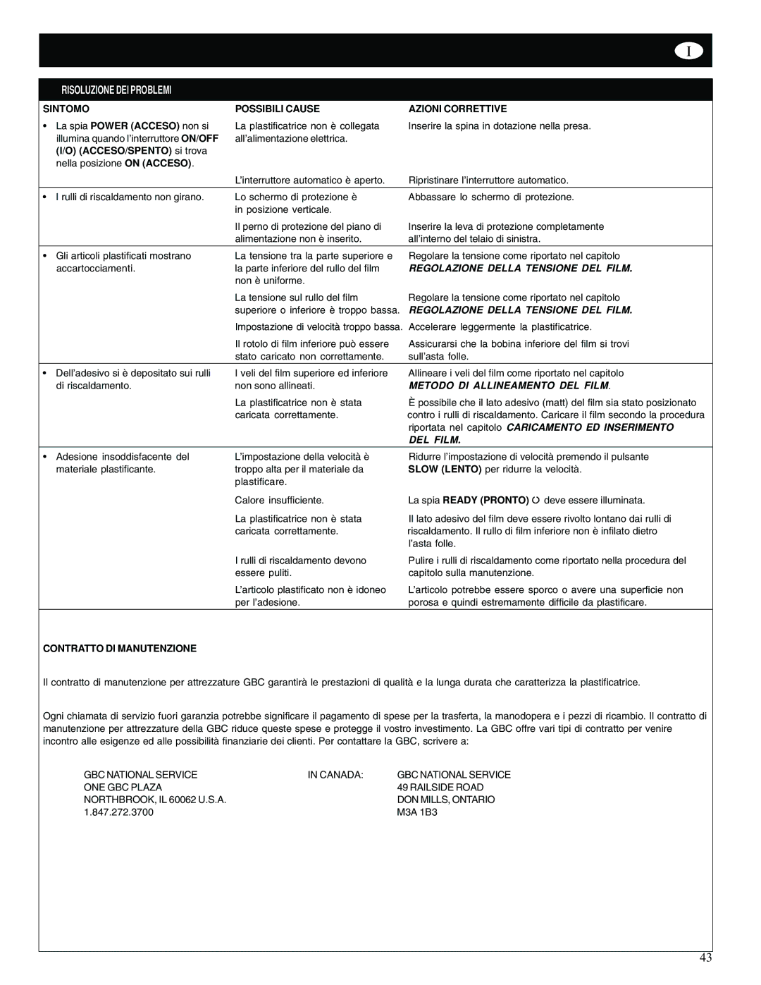 GBC 65-1 manual Risoluzione DEI Problemi, Regolazione Della Tensione DEL Film, Metodo DI Allineamento DEL Film 