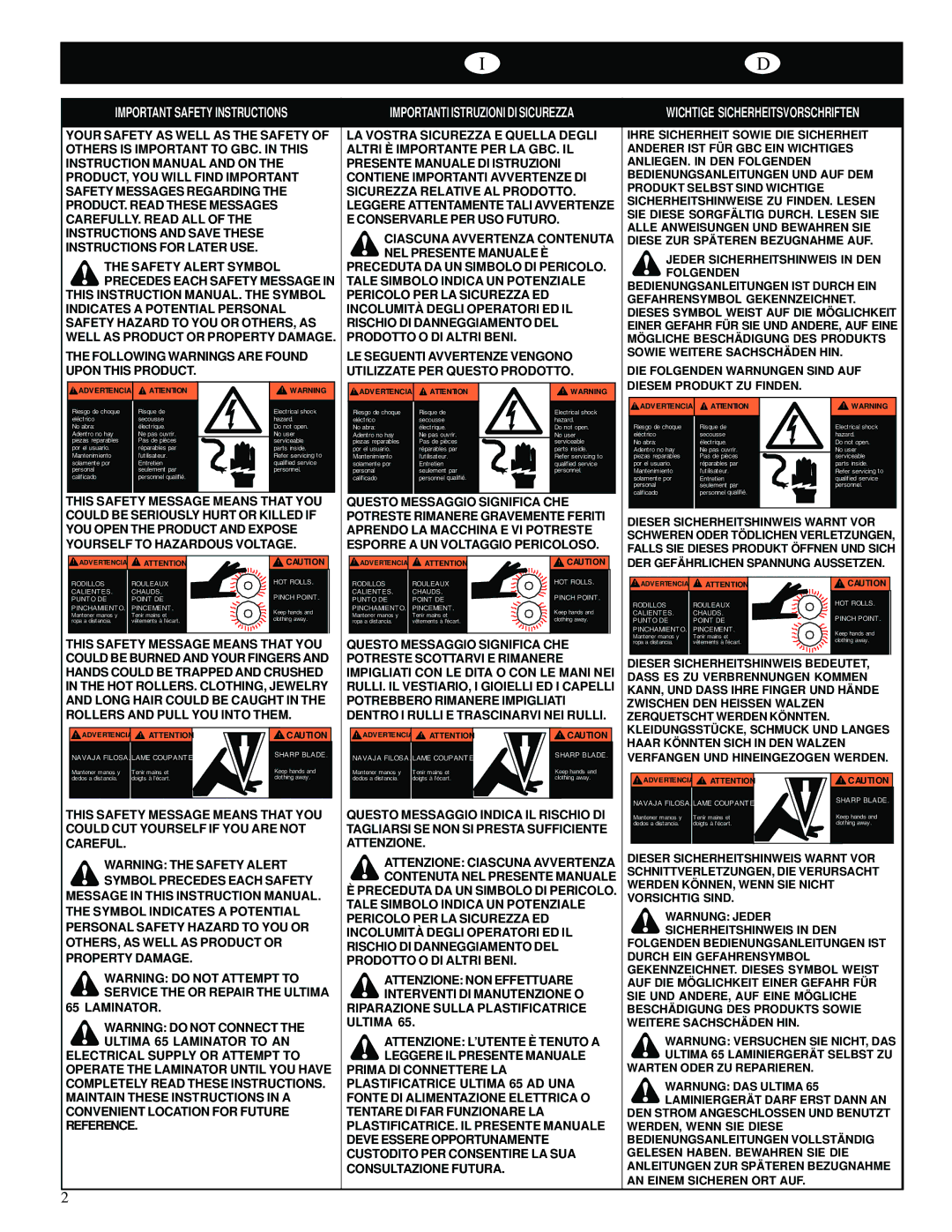 GBC 65-1 manual Important Safety Instructions, Advertencia 