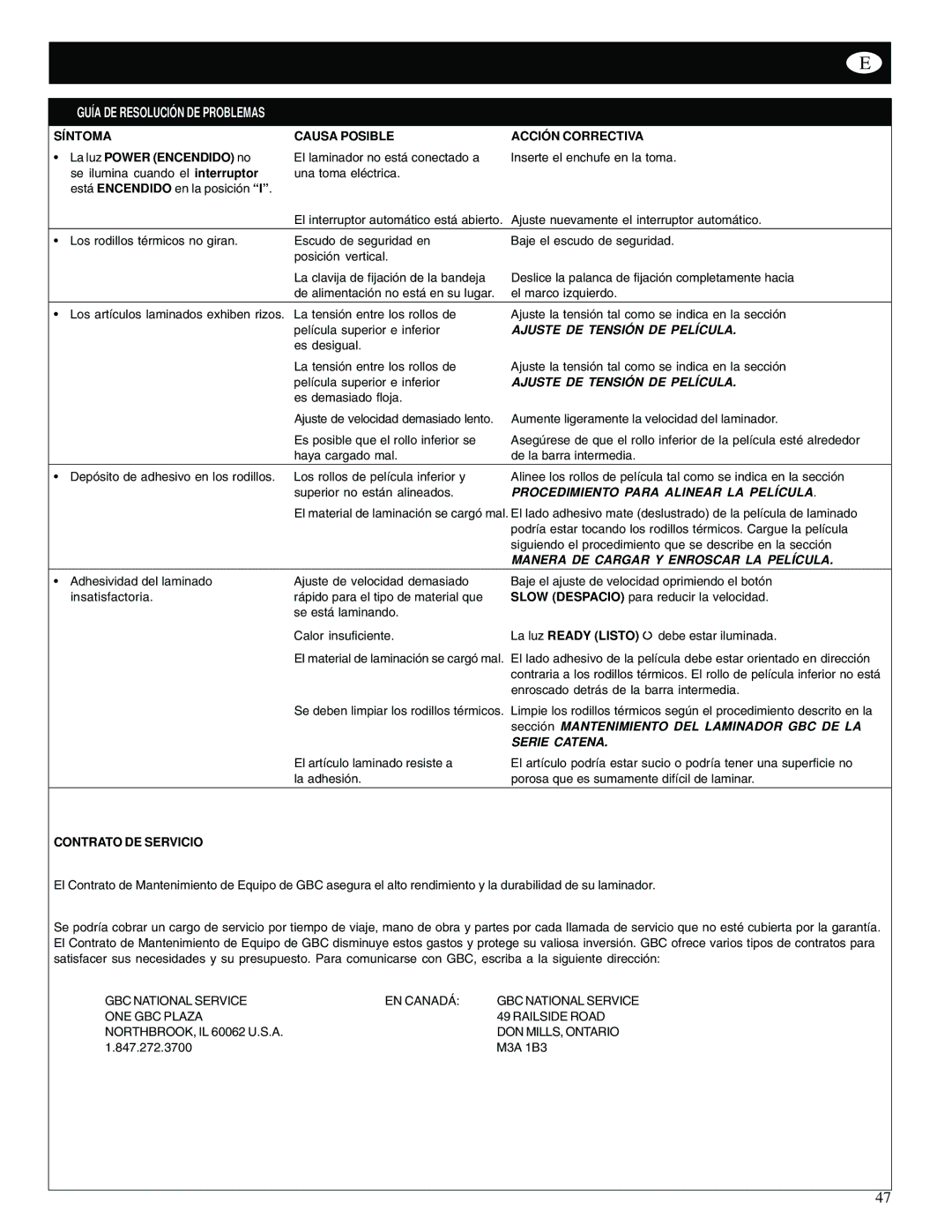 GBC 65-1 manual Guía DE Resolució N DE Problemas, Ajuste DE Tensió N DE Película, Procedimiento Para Alinear LA Película 