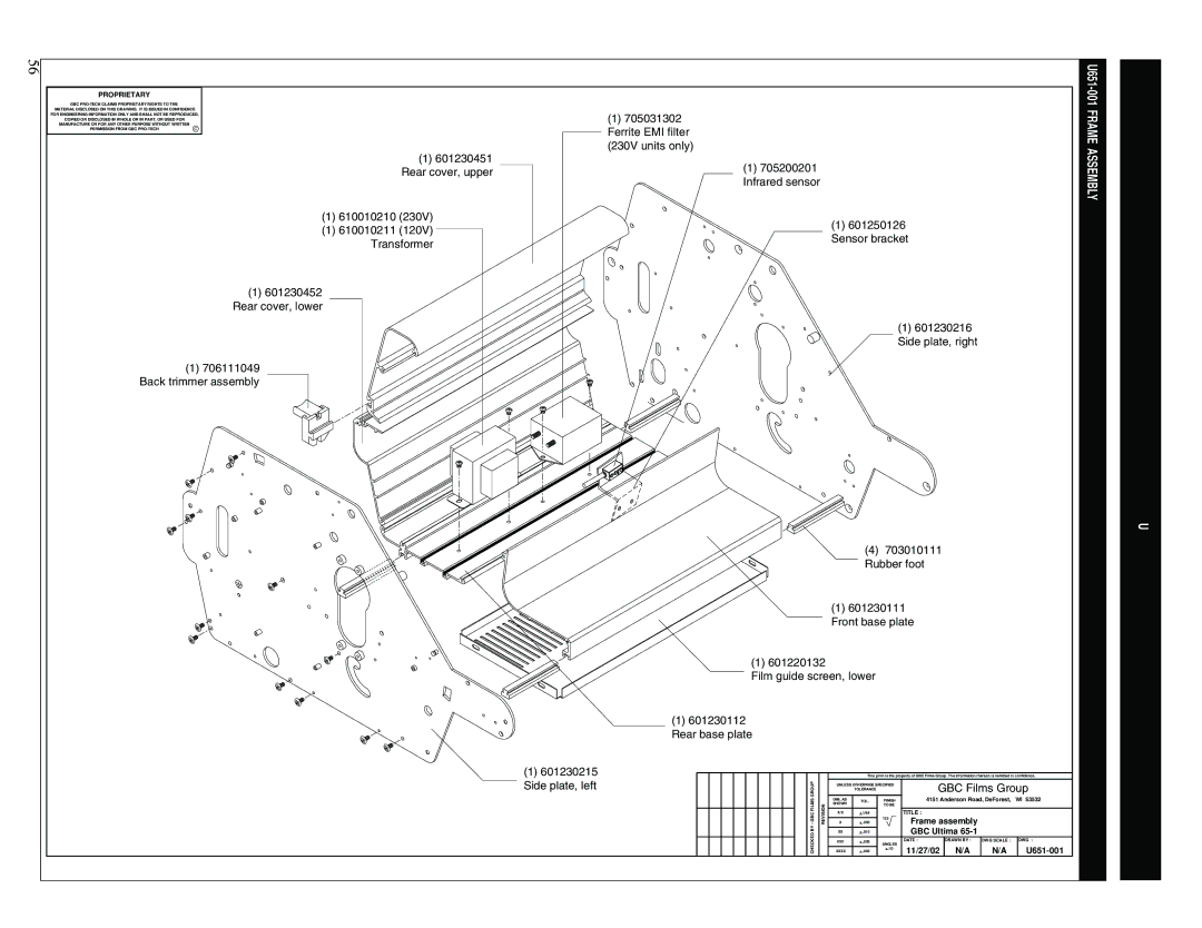 GBC 65-1 manual Frame assembly, GBC Ultima, 11/27/02 U651-001 