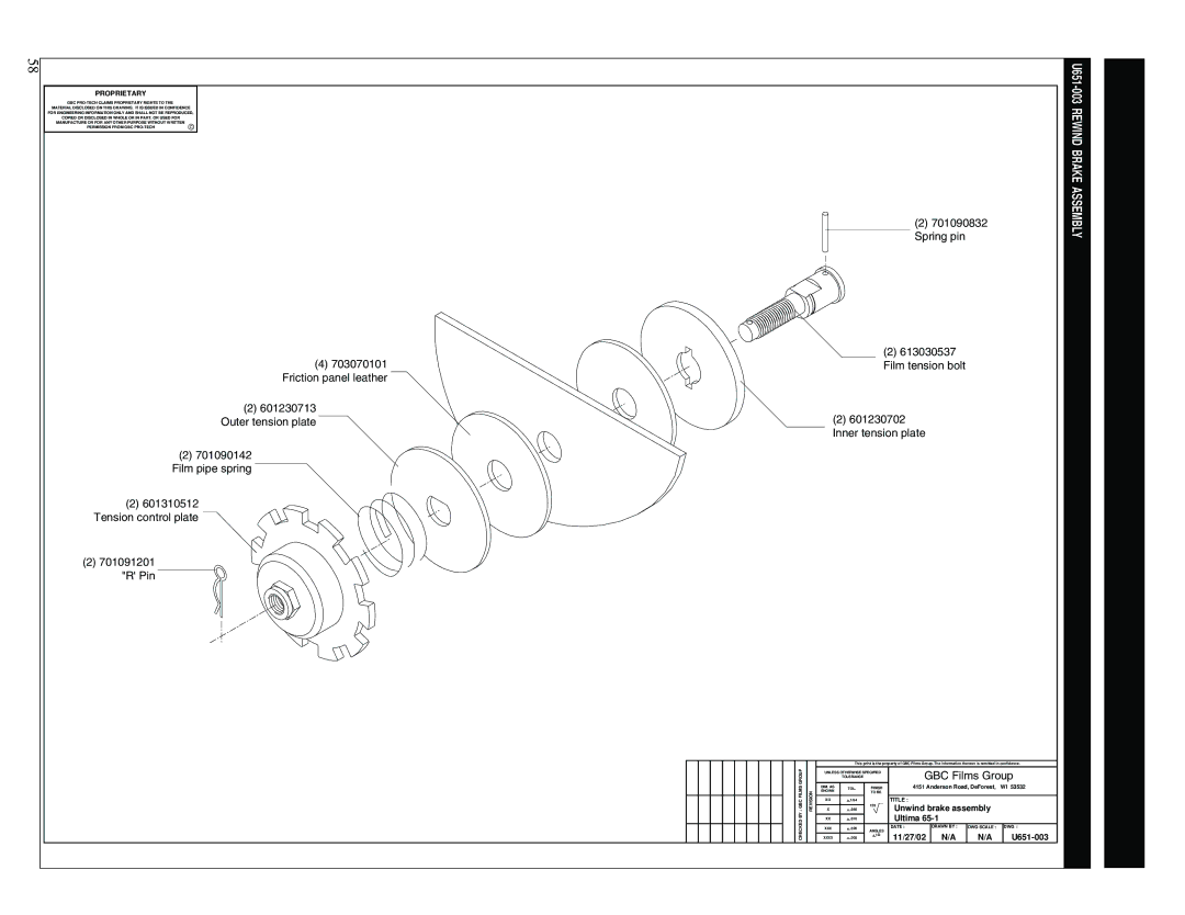 GBC 65-1 manual Unwind brake assembly, Ultima, 11/27/02 U651-003 