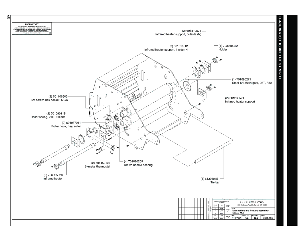 GBC 65-1 manual Main rollers and heaters assembly, 11/27/02 U651-005 