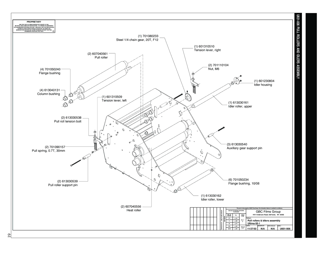 GBC 65-1 manual U651-006 Pull Rollers and Idlers Assembly, Pull rollers & idlers assembly, 11/27/02 U651-006 