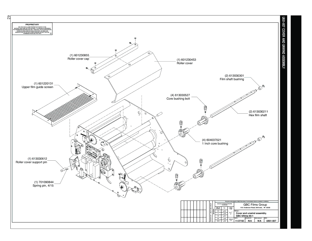 GBC 65-1 manual Cover and unwind assembly, 11/27/02 U651-007 