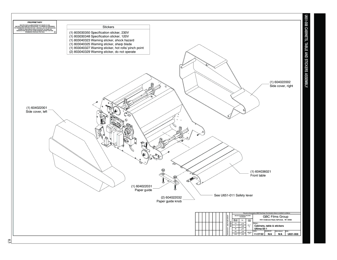 GBC 65-1 manual Cabinets, table & stickers, 11/27/02 U651-008 