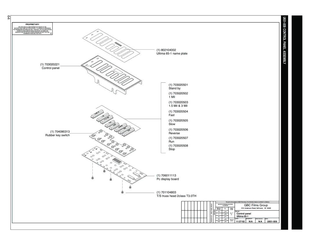 GBC 65-1 manual U651-009 Control Panel Assembly, Control panel Ultima, 11/27/02 U651-009 