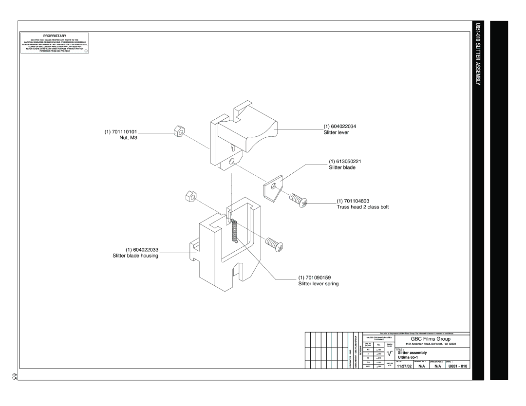 GBC 65-1 manual Slitter assembly, 11/27/02 U651 