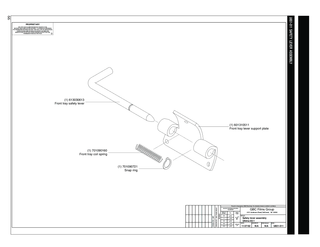 GBC 65-1 manual Safety lever assembly, 11/27/02 U651-011 Ultima 