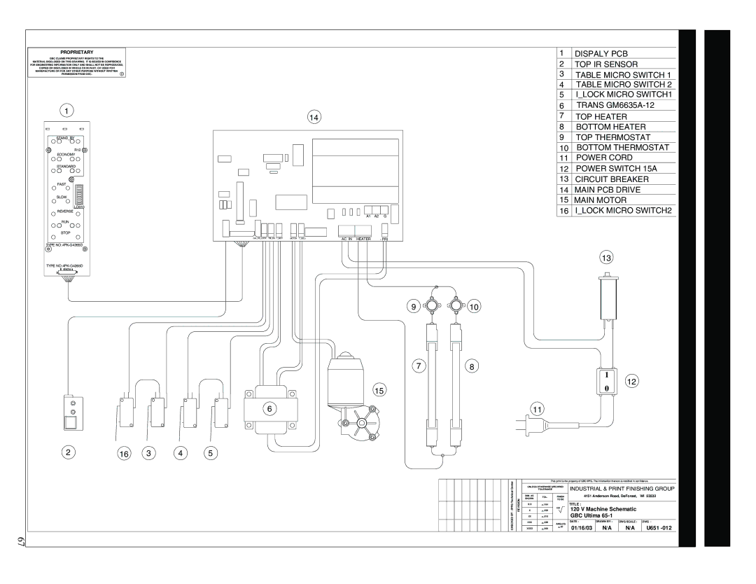 GBC 65-1 manual Machine Schematic, 01/16/03 