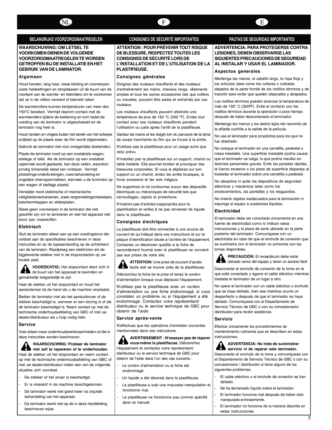 GBC 65-1 Algemeen, Elektrisch, Consignes gé né rales, Consignes é lectriques, Service aprè s-vente, Aspectos generales 