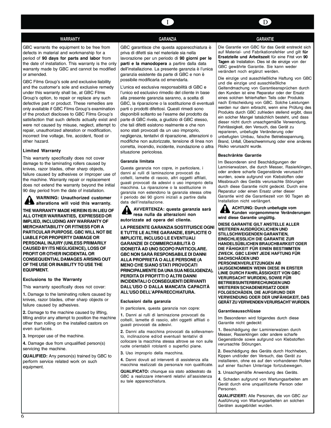 GBC 65-1 manual Limited Warranty, Exclusions to the Warranty 