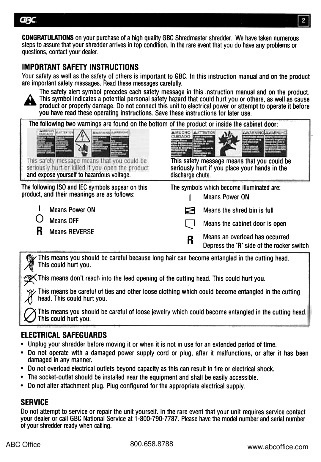 GBC 6120S, 7160X, 7120S, 6160X manual Electricalsafeguards, Important Safety Instructions, Service 