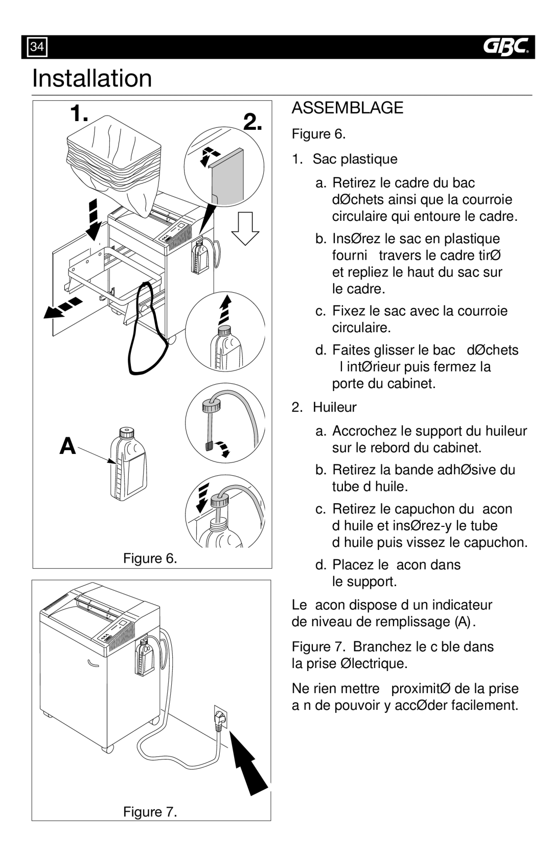 GBC 7550X, 7500S warranty Installation, Assemblage, Sac plastique, Huileur 