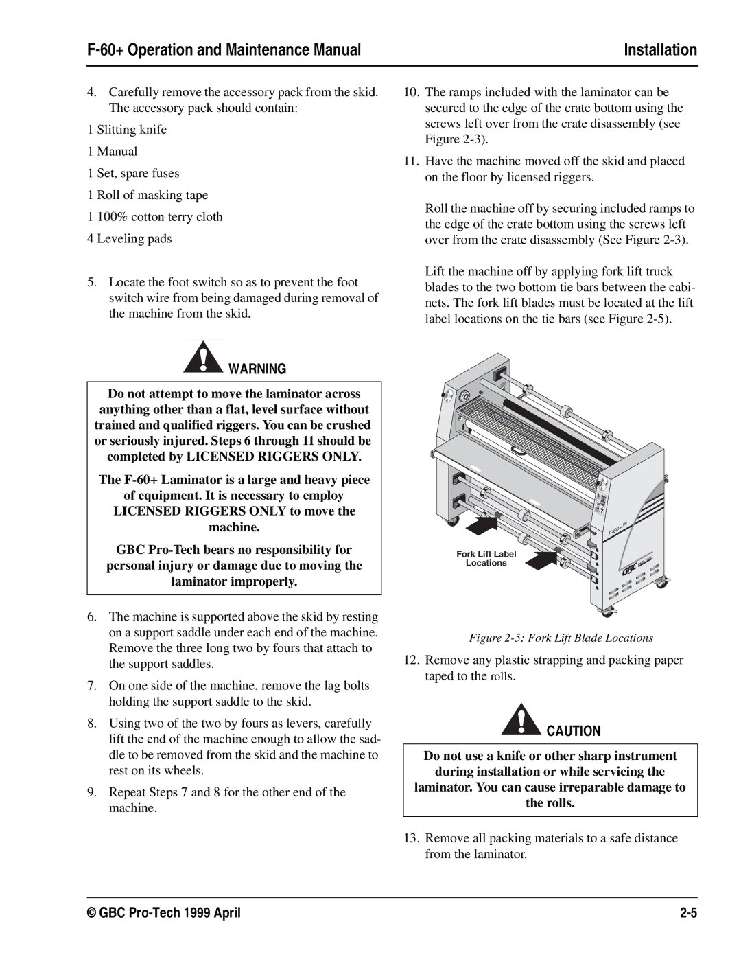 GBC 930-028 manual Fork Lift Blade Locations 