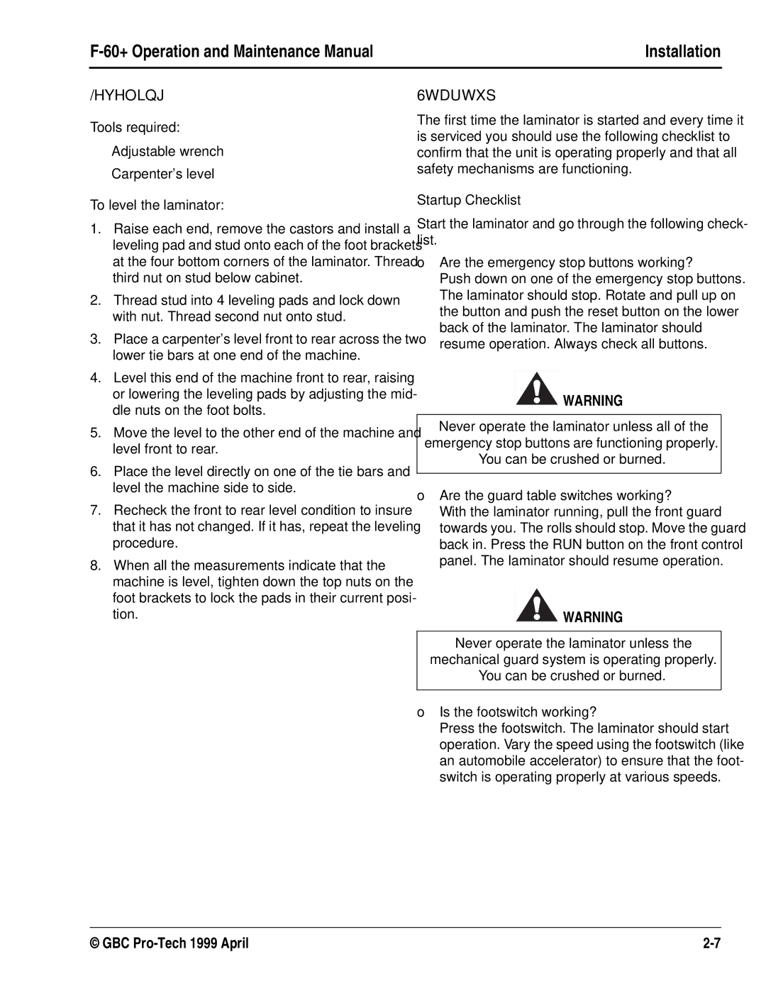 GBC 930-028 manual To level the laminator, Startup Checklist 