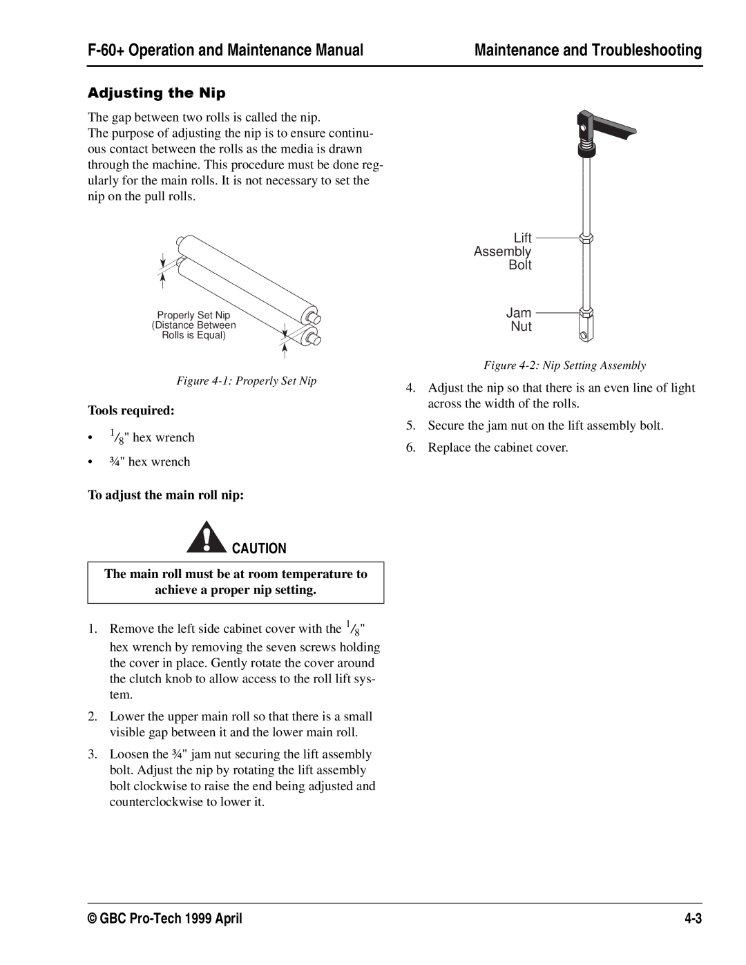 GBC 930-028 manual $GMXVWLQJWKH1LS, Hex wrench ¾ hex wrench 