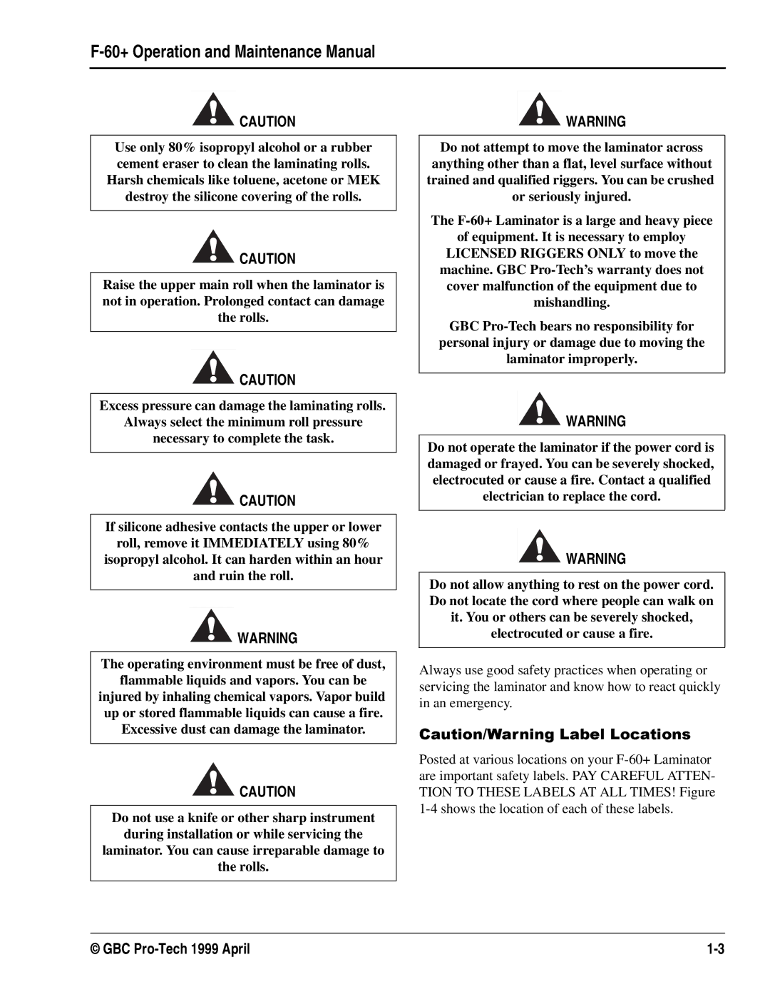 GBC 930-028 manual DXWLRQin an emergencyDUQLQJ. /DEHO/RFDWLRQV 