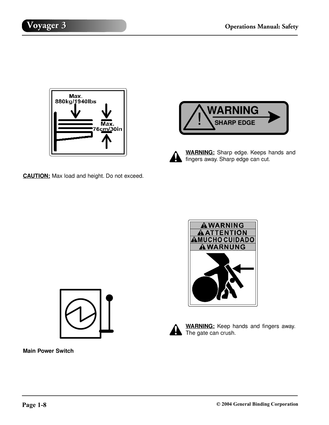 GBC 930-032 operation manual Sharp Edge, Main Power Switch 