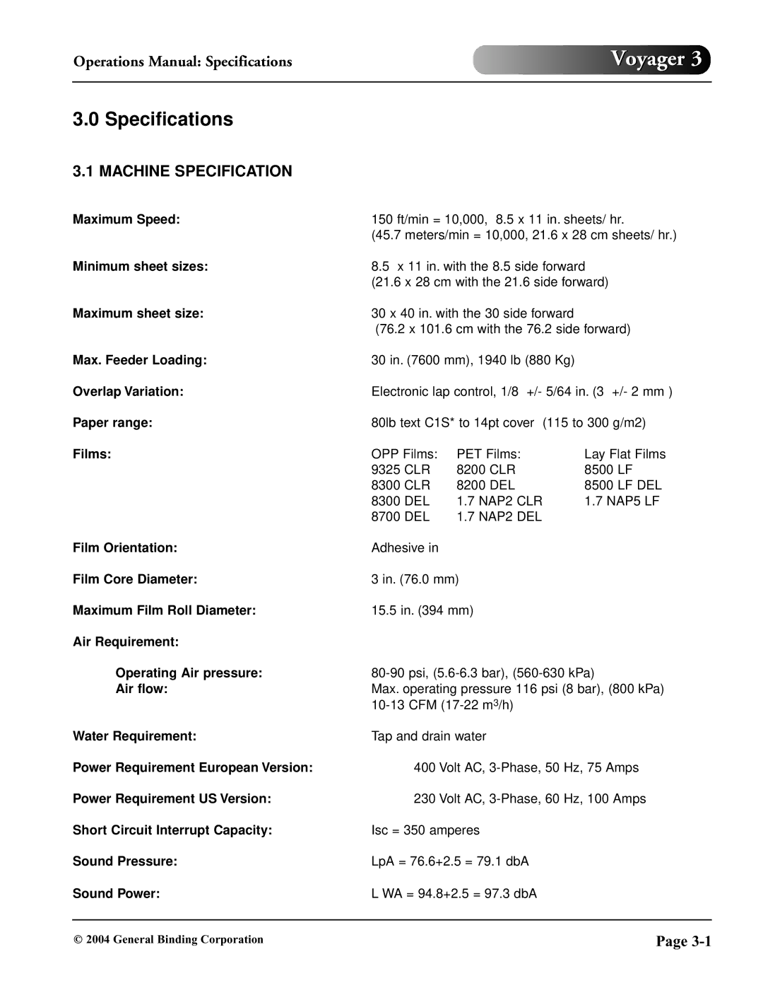 GBC 930-032 operation manual Specifications 