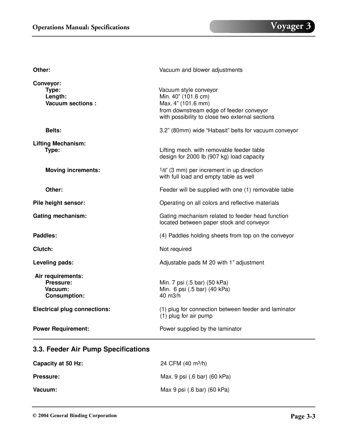 GBC 930-032 operation manual Feeder Air Pump Specifications 