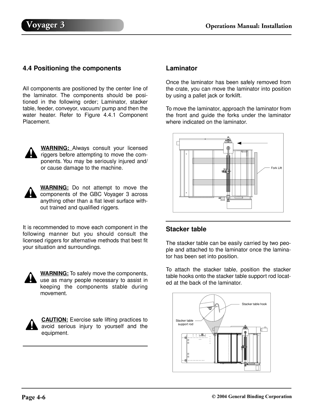 GBC 930-032 operation manual Positioning the components, Laminator, Stacker table 