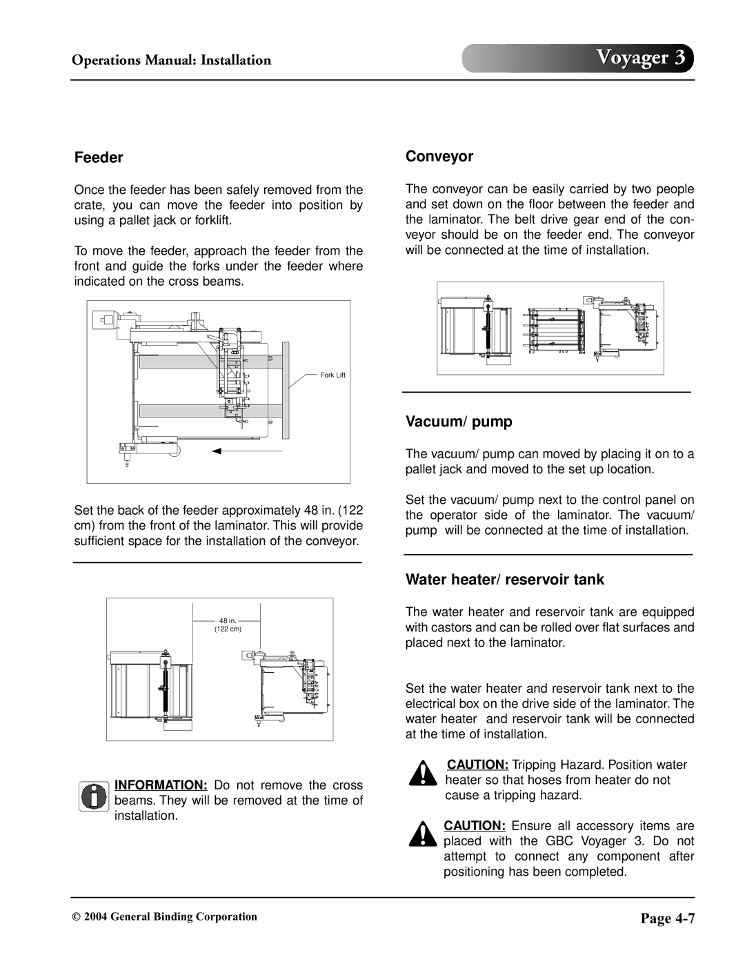 GBC 930-032 operation manual Conveyor, Vacuum/ pump, Water heater/ reservoir tank 