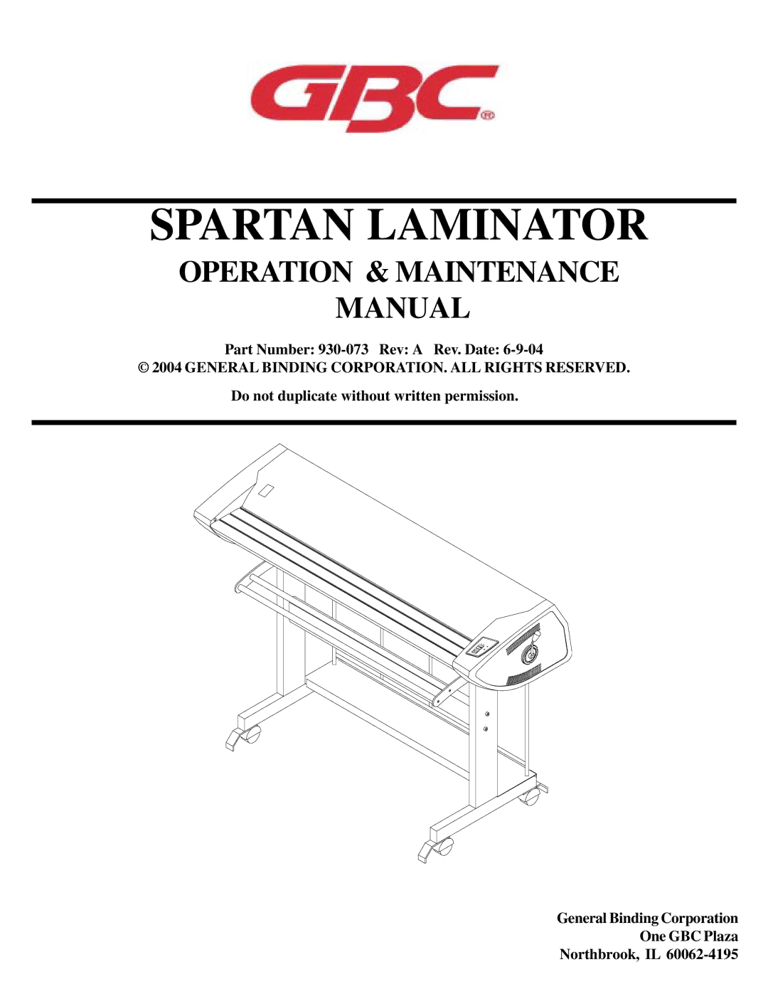 GBC manual Spartan Laminator, Part Number 930-073 Rev a Rev. Date 