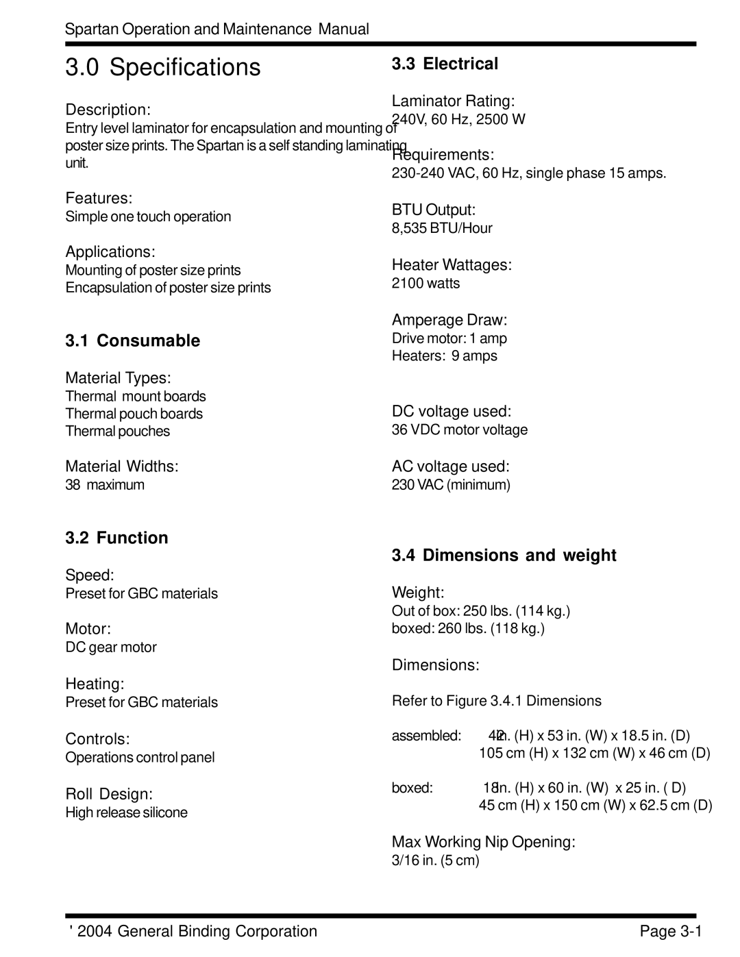 GBC 930-073 manual Specifications, Electrical, Consumable, Function, Dimensions and weight 