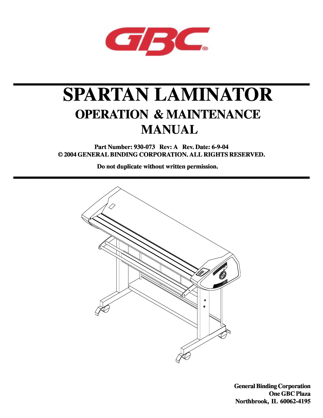 GBC 930-073 manual Spartan Laminator, Operation & Maintenance Manual 