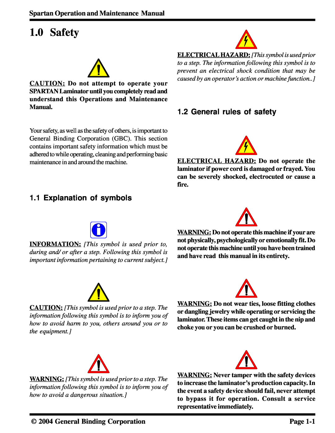 GBC 930-073 manual Safety, General rules of safety, Explanation of symbols 