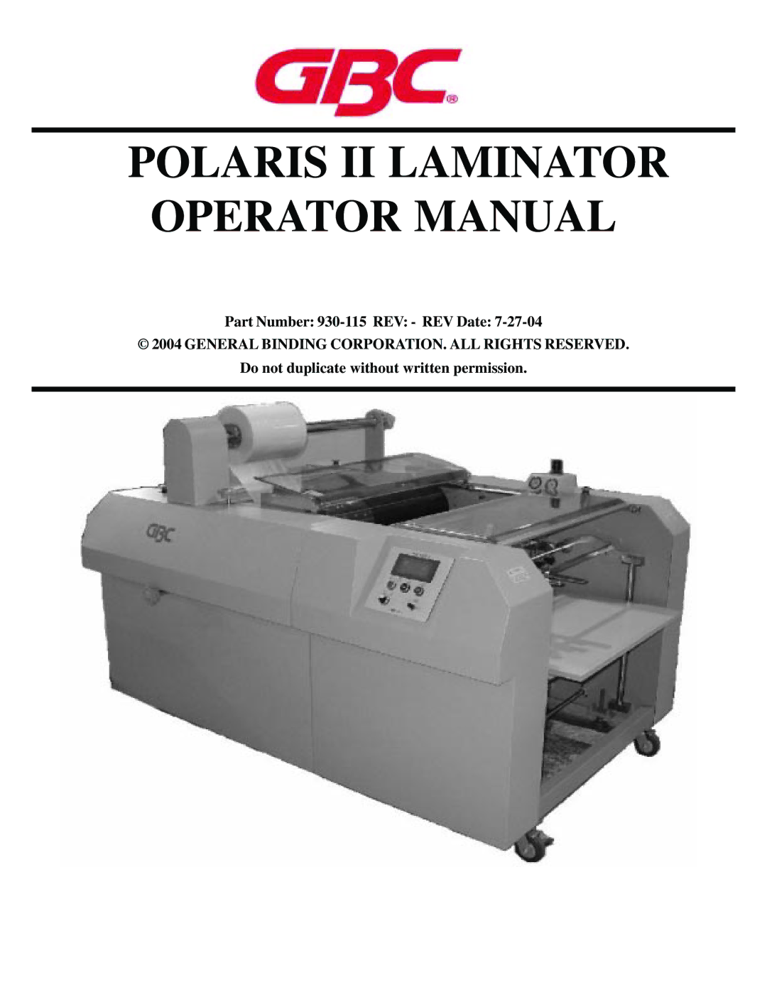 GBC 930-115 manual Polaris II Laminator Operator Manual 