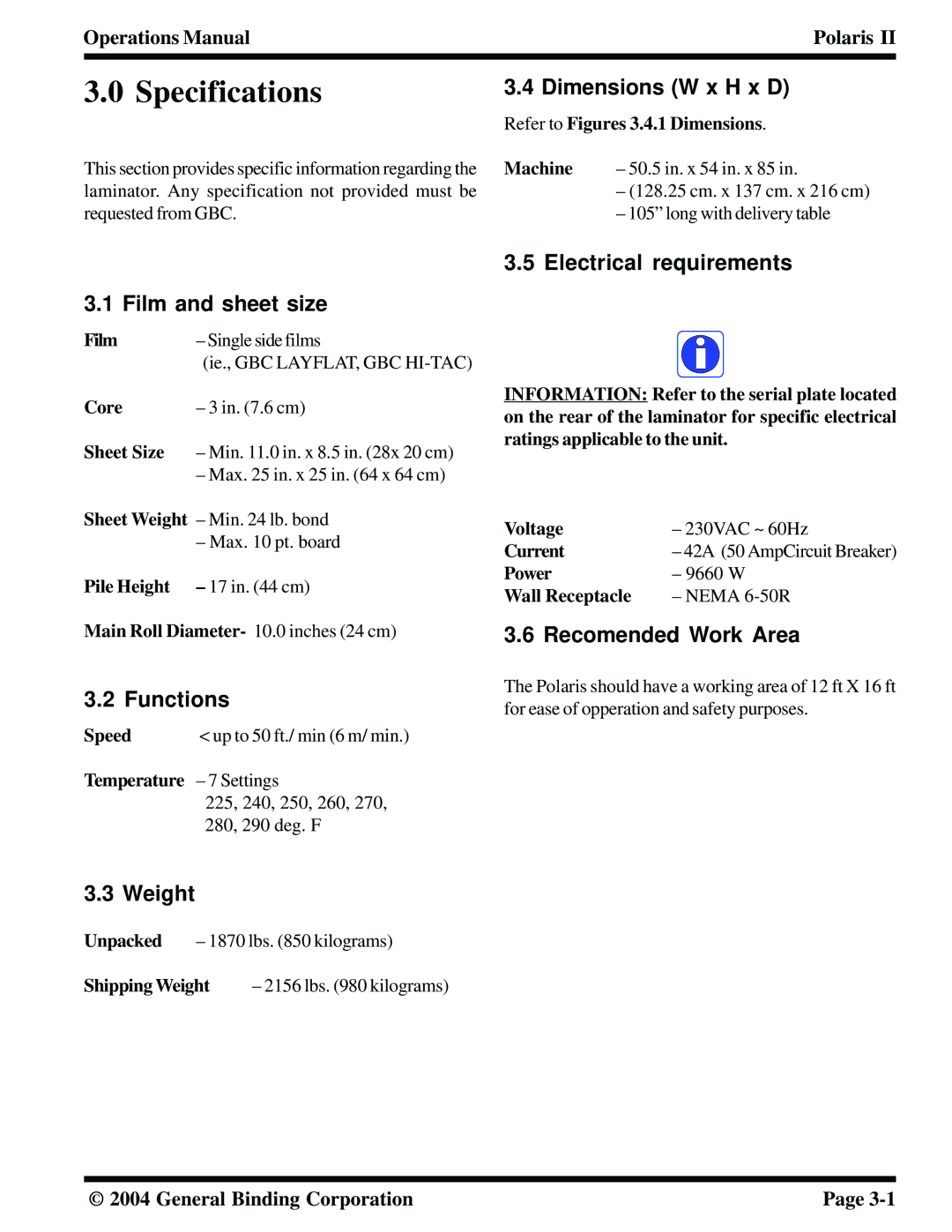 GBC 930-115 manual Specifications 