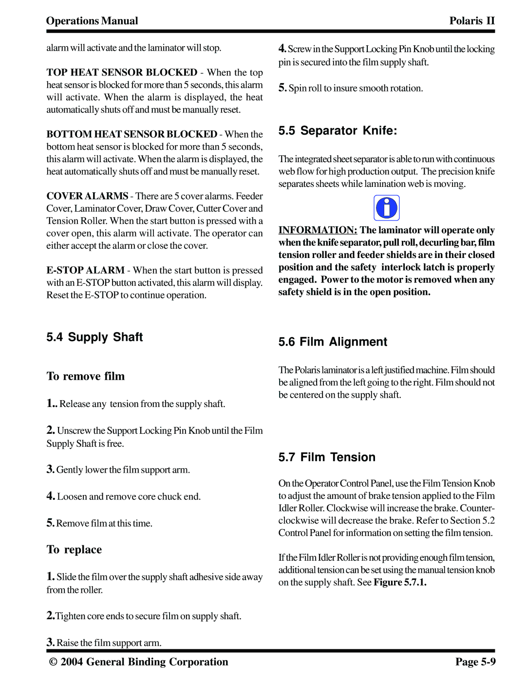 GBC 930-115 manual Separator Knife, Supply Shaft, Film Alignment, Film Tension 