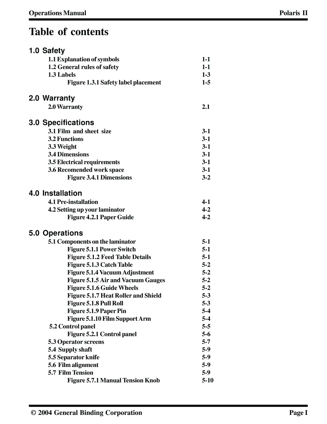 GBC 930-115 manual Table of contents 