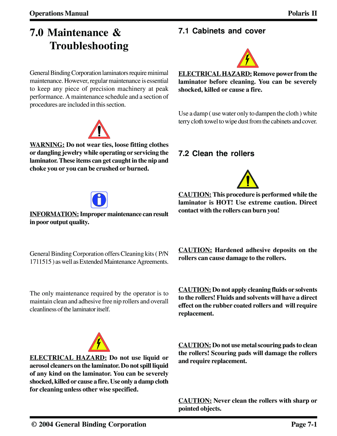 GBC 930-115 manual Maintenance & Troubleshooting, Cabinets and cover, Clean the rollers 