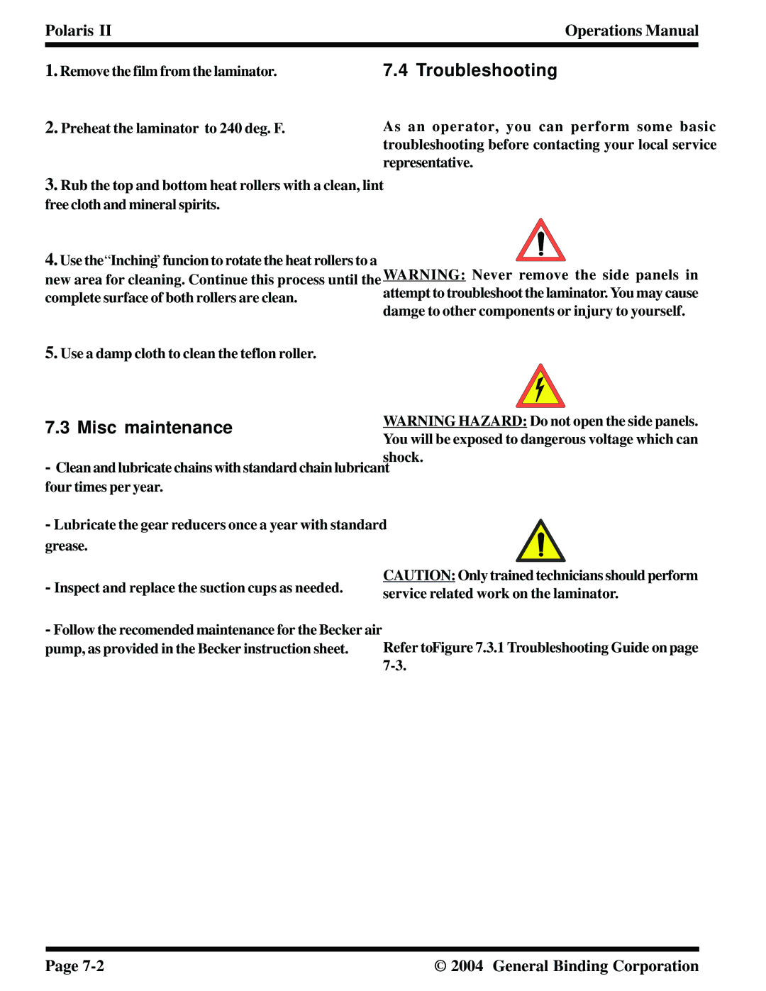 GBC 930-115 manual Misc maintenance, Troubleshooting 