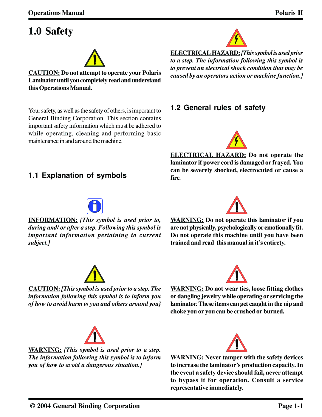 GBC 930-115 manual Safety, Explanation of symbols, General rules of safety 