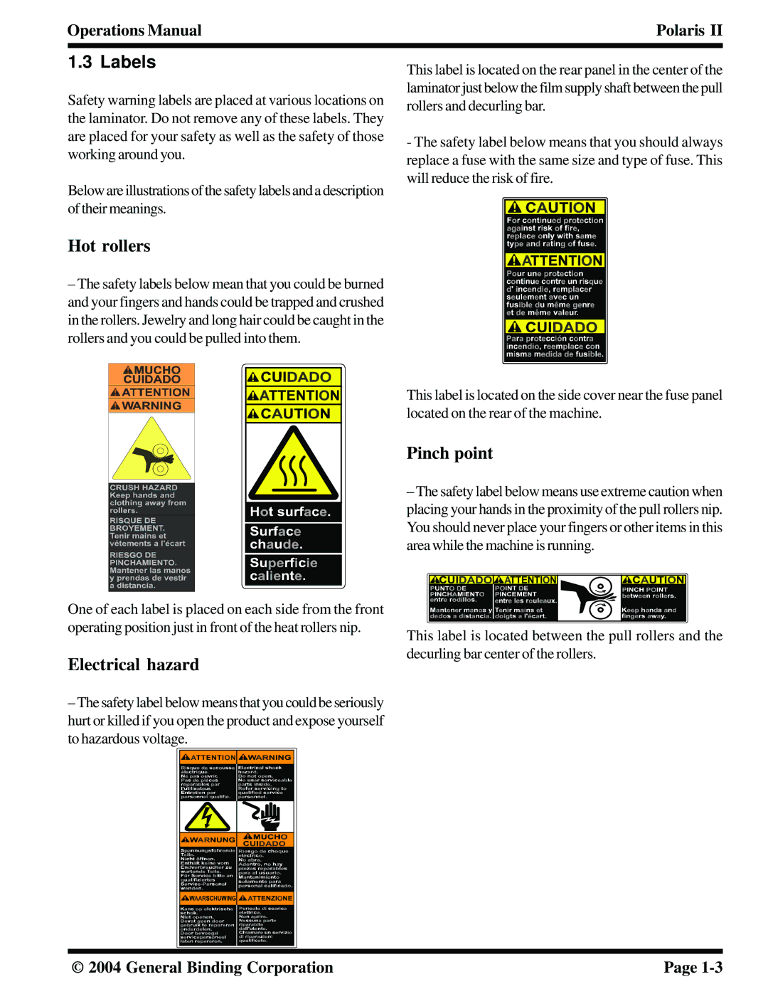 GBC 930-115 manual Labels, Hot rollers 