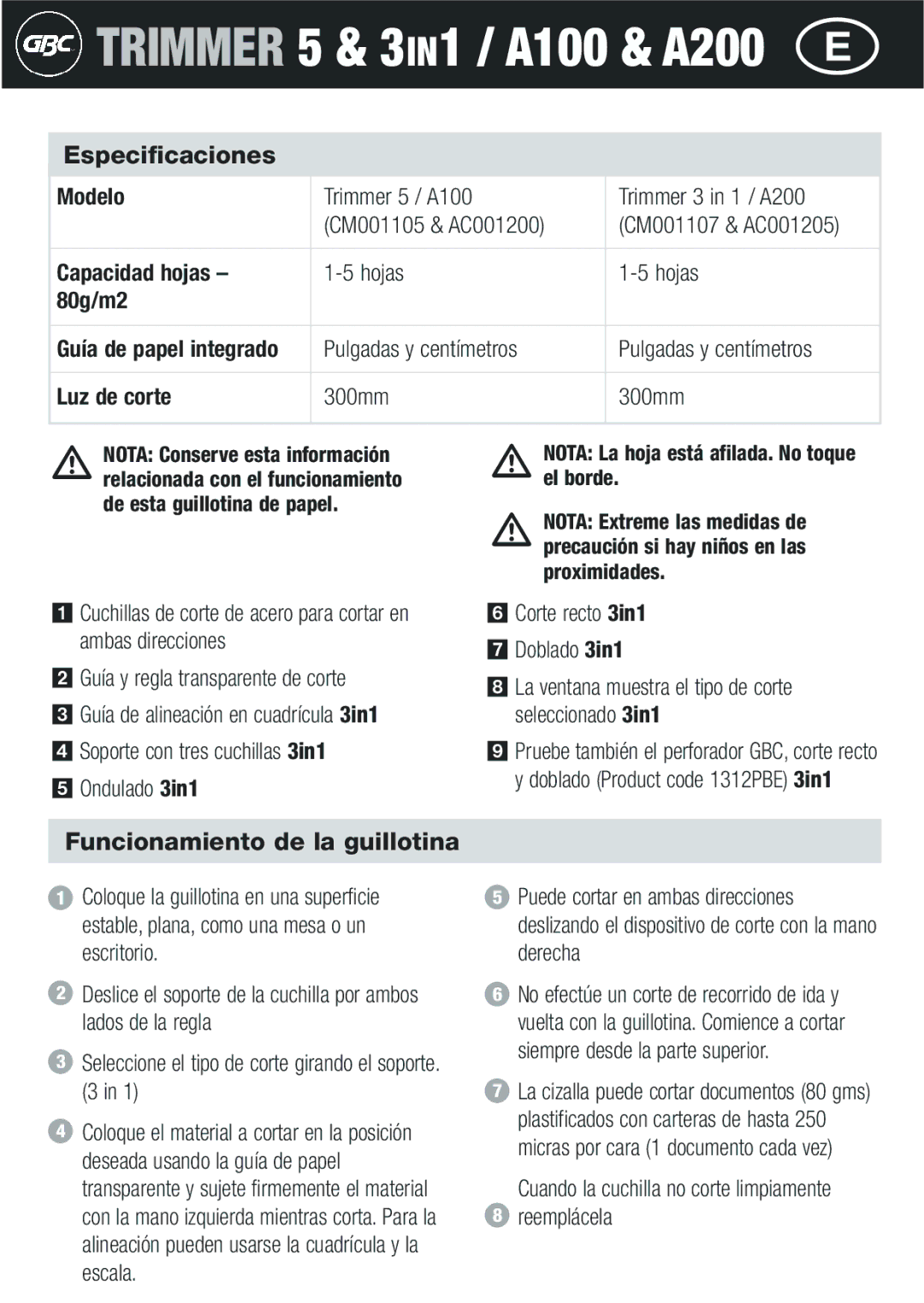 GBC A200, A100 instruction manual Especificaciones, Funcionamiento de la guillotina 