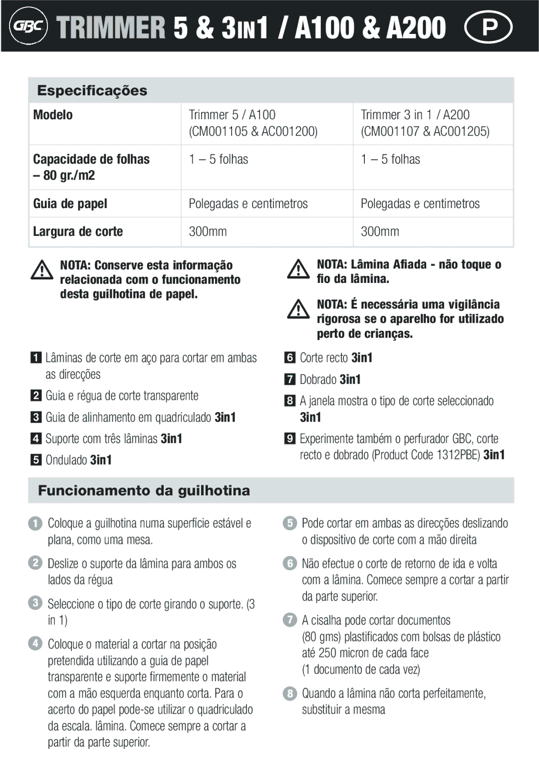 GBC A200 Especificações, Funcionamento da guilhotina, Capacidade de folhas, 80 gr./m2 Guia de papel, Largura de corte 