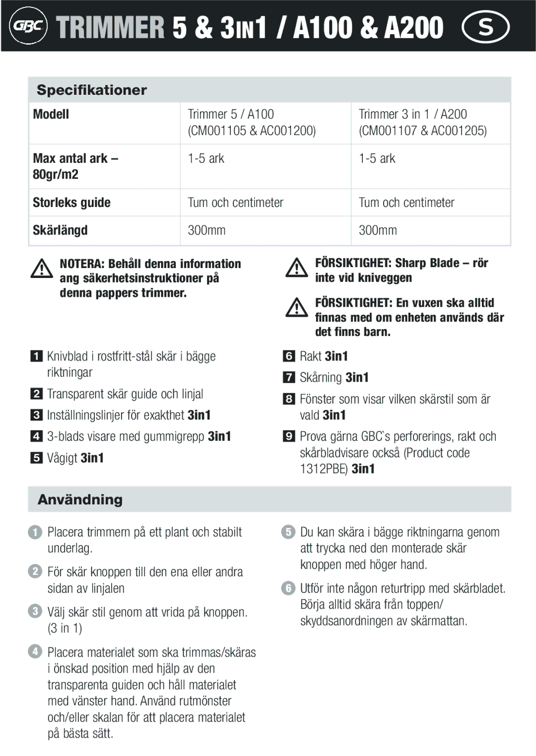 GBC A200, A100 instruction manual Specifikationer, Användning, Max antal ark, 80gr/m2 Storleks guide, Skärlängd 