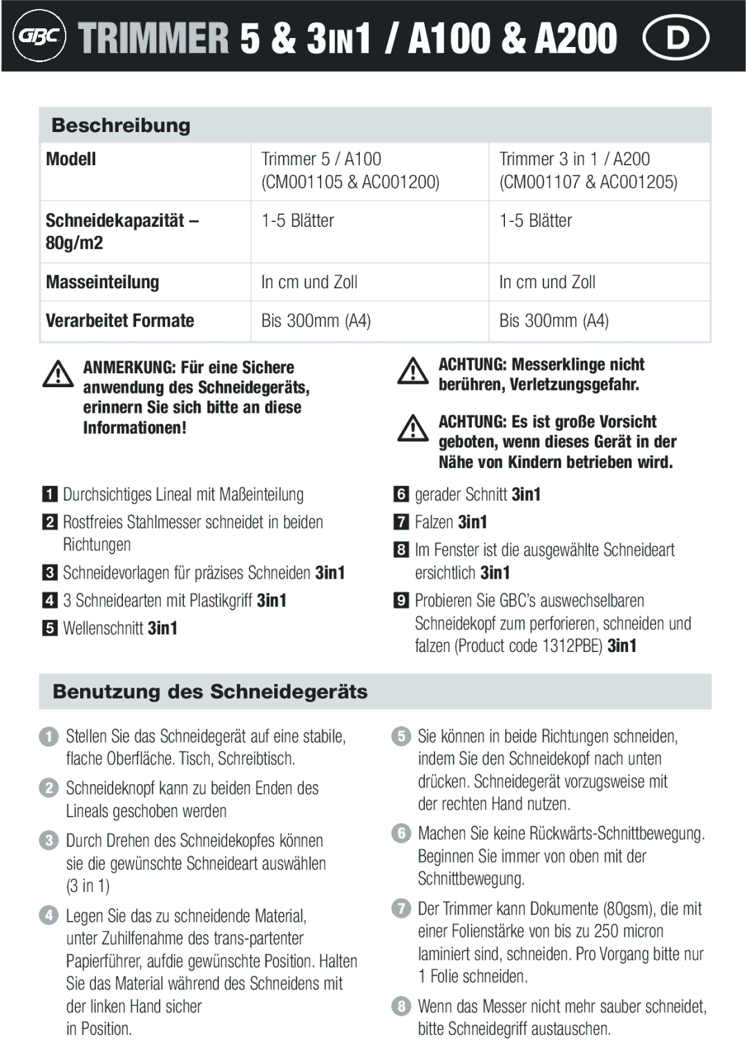 GBC A200, A100 instruction manual Beschreibung, Benutzung des Schneidegeräts 